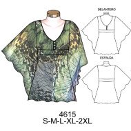 4615 - Molde de Blusa escote v, corte bajo busto manga tipo kimono