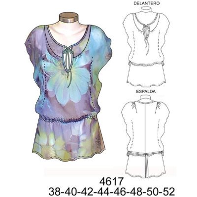 4617 - Molde de Blusa kimono con canesú y abertura en delantero, hilo elasticado en cintura, largo 78 cms 4617 - Molde de Blusa kimono con canesú y abertura en delantero, hilo elasticado en cintura, largo 78 cms