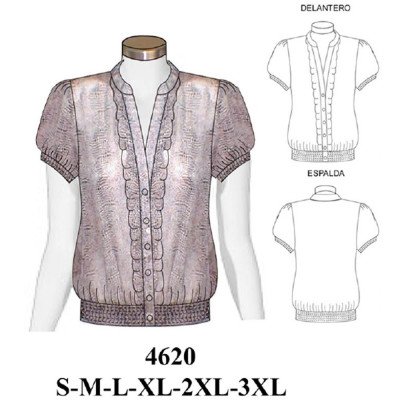 4620 - Molde de Blusas gasa, escote v, cuello mao con pretina y mangas pespuntes hilo elásticos 4620 - Molde de Blusas gasa, escote v, cuello mao con pretina y mangas pespuntes hilo elásticos