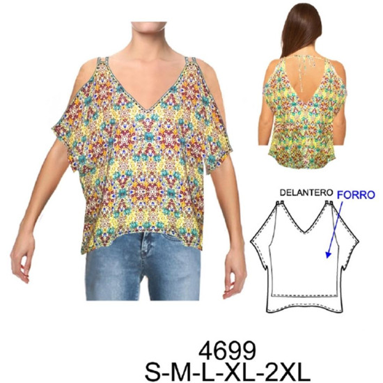 4699 - Molde de Blusa, escote en espalda en v, con doble tirantes y hombro descubierto