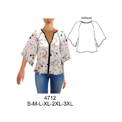 4712 - Molde de Blusa manga raglan, ruedo amplio, sin botones 4712 - Molde de Blusa manga raglan, ruedo amplio, sin botones