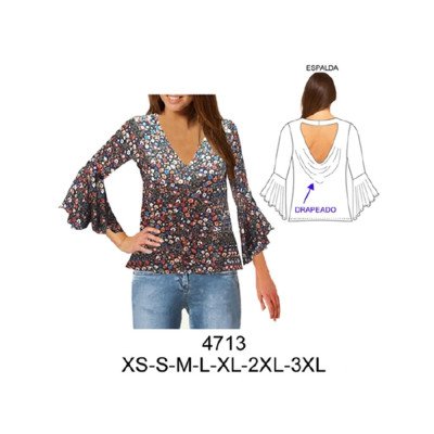 4713 - Molde de Blusa ruedo amplio espalda escotada con drapeado 4713 - Molde de Blusa ruedo amplio espalda escotada con drapeado