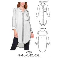 4739 - Molde de Blusa larga tipo túnica, cuello camisero escote v, holgada