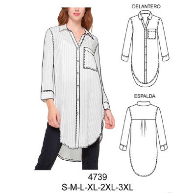 4739 - Molde de Blusa larga tipo túnica, cuello camisero escote v, holgada 4739 - Molde de Blusa larga tipo túnica, cuello camisero escote v, holgada