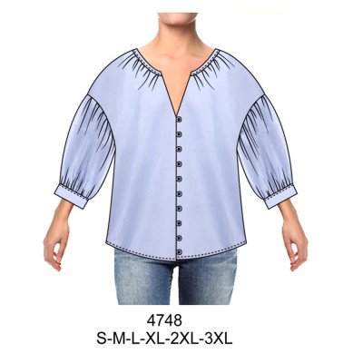 4748 - Molde de Blusa manga globo 3/4 escote v con recogido, holgada 4748 - Molde de Blusa manga globo 3/4 escote v con recogido, holgada