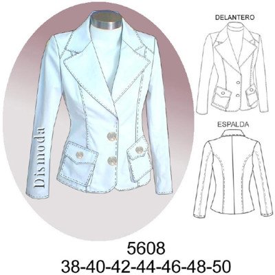 5608 - Molde de Blazer con canesú y corte sobre busto, entallado, largo 58 cms 5608 - Molde de Blazer con canesú y corte sobre busto, entallado, largo 58 cms