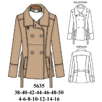 5635 - Molde de Chaquetón cruzado semi entallo largo 69 cms 5635 - Molde de Chaquetón cruzado semi entallo largo 69 cms