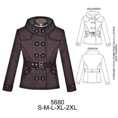 5680 - Molde de Chaqueta cruzada cuello mao abierto (largo 64cms) cruce 9 centímetros