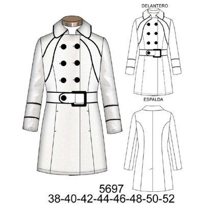 5697 - Molde de Chaquetón cruzado envivado en cortes (largo ref 5697 - Molde de Chaquetón cruzado envivado en cortes (largo ref