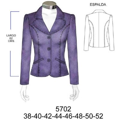 5702 - Molde de Blazer corte princesa manga recogida cuello cruzado, solapa redonda 5702 - Molde de Blazer corte princesa manga recogida cuello cruzado, solapa redonda