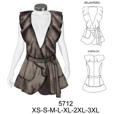 5712 - Molde de Chaqueta corte princesa sin mangas con vuelos en escote y ruedo 5712 - Molde de Chaqueta corte princesa sin mangas con vuelos en escote y ruedo