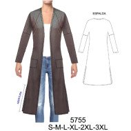 5755 - Molde de Tapado largo con abertura lateral, corte mixto, raglan kimono