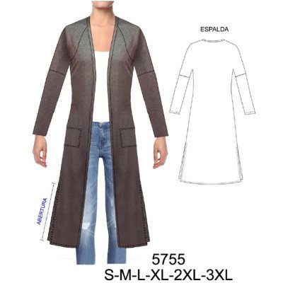 5755 - Molde de Tapado largo con abertura lateral, corte mixto, raglan kimono 5755 - Molde de Tapado largo con abertura lateral, corte mixto, raglan kimono