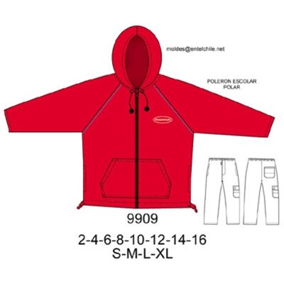 9909 - Molde de Polerón raglan con cierre y gorro aplicación vivo en sisa; 9909 - Molde de Polerón raglan con cierre y gorro aplicación vivo en sisa;