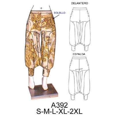 A392 - Molde de Pantalón con puño tipo falda con broche en ruedo A392 - Molde de Pantalón con puño tipo falda con broche en ruedo