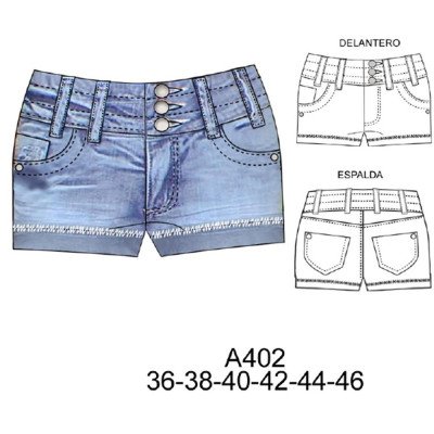 A402 - Molde de Short tiro a la cadera (13 cms) con pretina pespunteada y basta desflecada doblada A402 - Molde de Short tiro a la cadera (13 cms) con pretina pespunteada y basta desflecada doblada