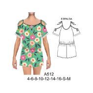 A512 - Molde de Entero amarrado en hombros, elástico en cintura, aplicación bolillo en mangas