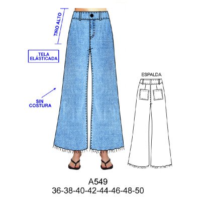 A549 - Molde de Jeans basta ancha desflecada, tiro alto, mezclilla elasticada sin costura al costado A549 - Molde de Jeans basta ancha desflecada, tiro alto, mezclilla elasticada sin costura al costado