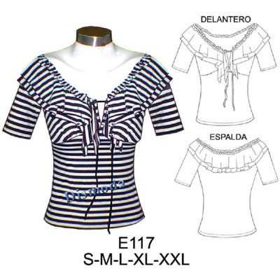 E117 - Molde de Polera con corte bajo busto y rucha en escote E117 - Molde de Polera con corte bajo busto y rucha en escote
