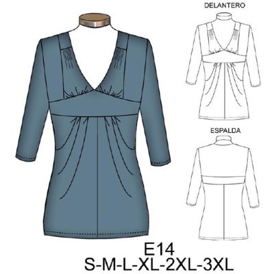 E14 - Molde de Polera larga con corte bajo busto y pliegues laterales
