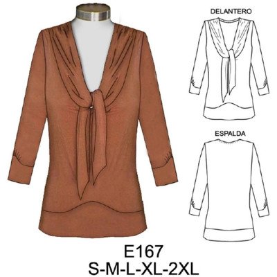 E167 - Molde de Polera con cuello anudado, manga ¾ con puño E167 - Molde de Polera con cuello anudado, manga ¾ con puño