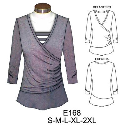 E168 - Molde de Polera con recogido en delantero, manga ¾ con puño