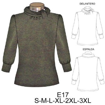 E17 - Molde de Beatle manga ¾ con delantero plisado sobre cuello