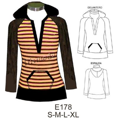 E178 - Molde de Polera con pata y gorro, bolsillo canguro, E178 - Molde de Polera con pata y gorro, bolsillo canguro,