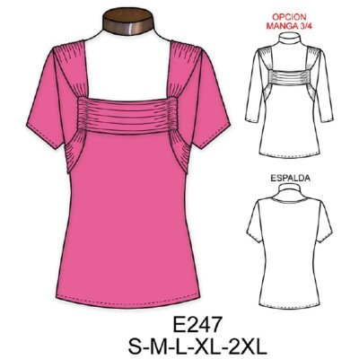 E247 - Molde de Polera con escote cuadrado con aplicaciones recogidas sobrepuestas E247 - Molde de Polera con escote cuadrado con aplicaciones recogidas sobrepuestas