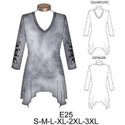 E25 - Molde de Polera larga escote v en puntas E25 - Molde de Polera larga escote v en puntas