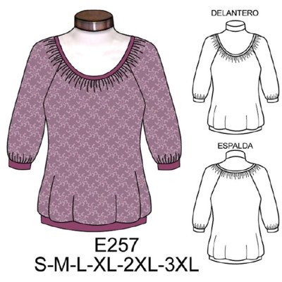 E257 - Molde de Polera con escote recogido manga raglan y pretina E257 - Molde de Polera con escote recogido manga raglan y pretina