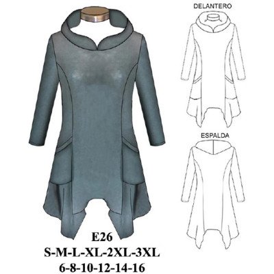 E26 - Molde de Polera larga con gorro semi puntas con bolsillo E26 - Molde de Polera larga con gorro semi puntas con bolsillo