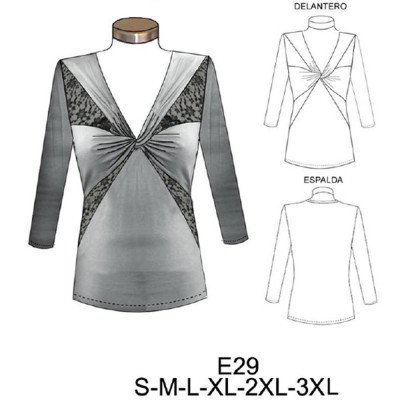 E29 - Molde de Polera con nudo y cortes sobre bustos (aplicaciones en encaje)