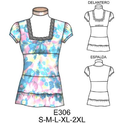 E306 - Molde de Polera con escote cuadrado con aplicación de encaje faldones semi evase E306 - Molde de Polera con escote cuadrado con aplicación de encaje faldones semi evase