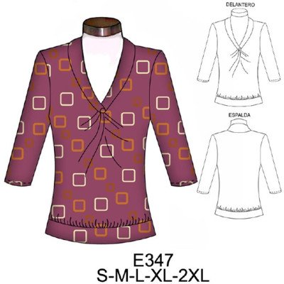 E347 - Molde de Polera con cuello y nudo en escote, manga 3/4