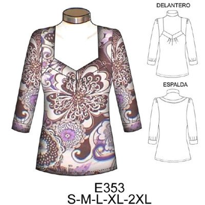 E353 - Molde de Polera escotada manga ¾ con recogido E353 - Molde de Polera escotada manga ¾ con recogido