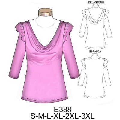 E388 - Molde de Polera cuello drapeado con vuelos en manga (opción manga larga) E388 - Molde de Polera cuello drapeado con vuelos en manga (opción manga larga)