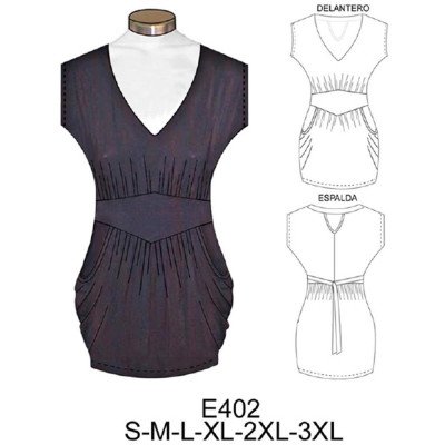 E402 - Molde de Polera escote v con bolsillo y recogido en pieza cintura E402 - Molde de Polera escote v con bolsillo y recogido en pieza cintura