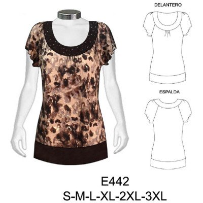 E442 - Molde de Polera con escote redondo en bies, manga mariposa, frunce central bajo cuello, cuerpo recto y banda ancha en el bajo