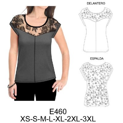 E460 - Molde de Polera con aplicación en encaje, parte superior y trasera E460 - Molde de Polera con aplicación en encaje, parte superior y trasera