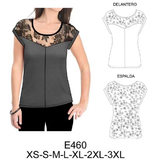 E460 - Molde de Polera con aplicación en encaje, parte superior y trasera E460 - Molde de Polera con aplicación en encaje, parte superior y trasera