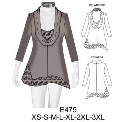 E475 - Molde de Polera asimétrica con cuello aplicaciones en encaje