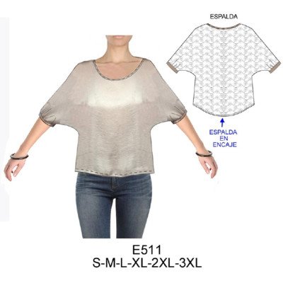 E511 - Molde de Polera manga murciélago, espalda de encaje E511 - Molde de Polera manga murciélago, espalda de encaje