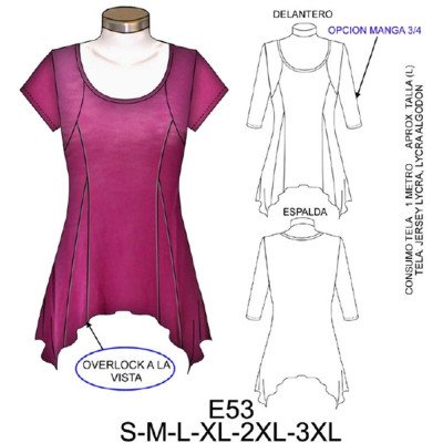E53 - Molde de Polera con triangulo ruedo evase en punta E53 - Molde de Polera con triangulo ruedo evase en punta
