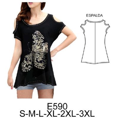 E590 - Molde de Polera corte kimono con aberturas en hombro y ruedo amplio E590 - Molde de Polera corte kimono con aberturas en hombro y ruedo amplio