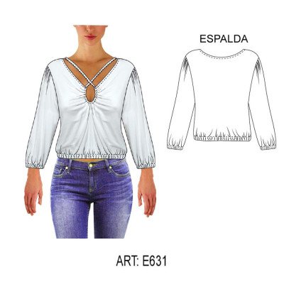 E631 - Molde de Polera con abertura en escote tirantes cruzados, manga 3/4 globo largo aprox 49 cms E631 - Molde de Polera con abertura en escote tirantes cruzados, manga 3/4 globo largo aprox 49 cms