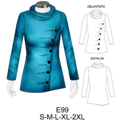 E99 - Molde de Polera con pliegues, corte diagonal cuello vétale, asimétrica E99 - Molde de Polera con pliegues, corte diagonal cuello vétale, asimétrica