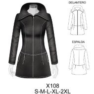 X108 - Molde de Abrigo entallado con cuello amplio abierto, cierre central, cortes princesa, bolsillos con cierre y faldón evase