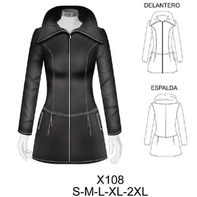 X108 - Molde de Abrigo entallado con cuello amplio abierto, cierre central, cortes princesa, bolsillos con cierre y faldón evase X108 - Molde de Abrigo entallado con cuello amplio abierto, cierre central, cortes princesa, bolsillos con cierre y faldón evase