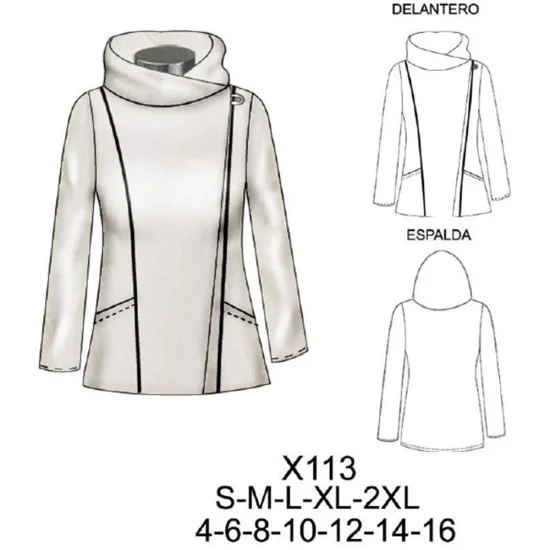 X113 - Molde de Chaquetón polar cruzado con cierre y gorro X113 - Molde de Chaquetón polar cruzado con cierre y gorro